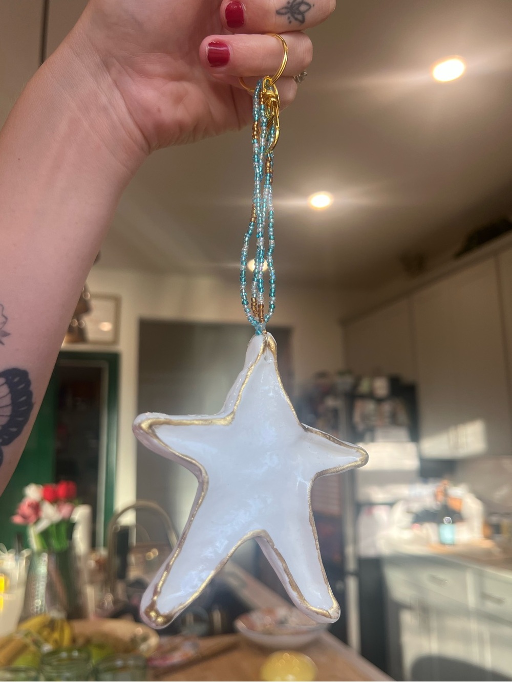 Handmade/hand beaded white Starfish keychain w/ Gold Trim and Blue Beaded chain